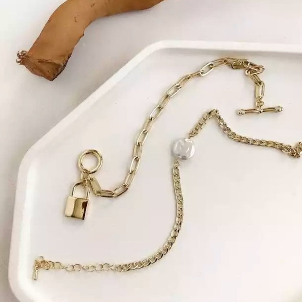 Set of 2 pearl chain Link Gold bracelet